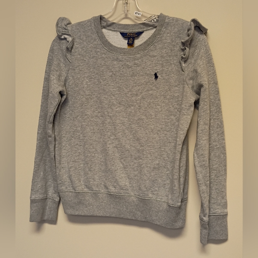 Girls Polo by Ralph Lauren Ruffle Shoulder Sweatshirt Heather Gray - Picture 3 of 10